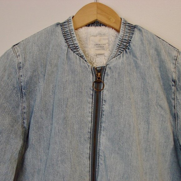 American Eagle Denim Faux Fur Lined Bomber Jacket Size Small - Picture 3 of 16